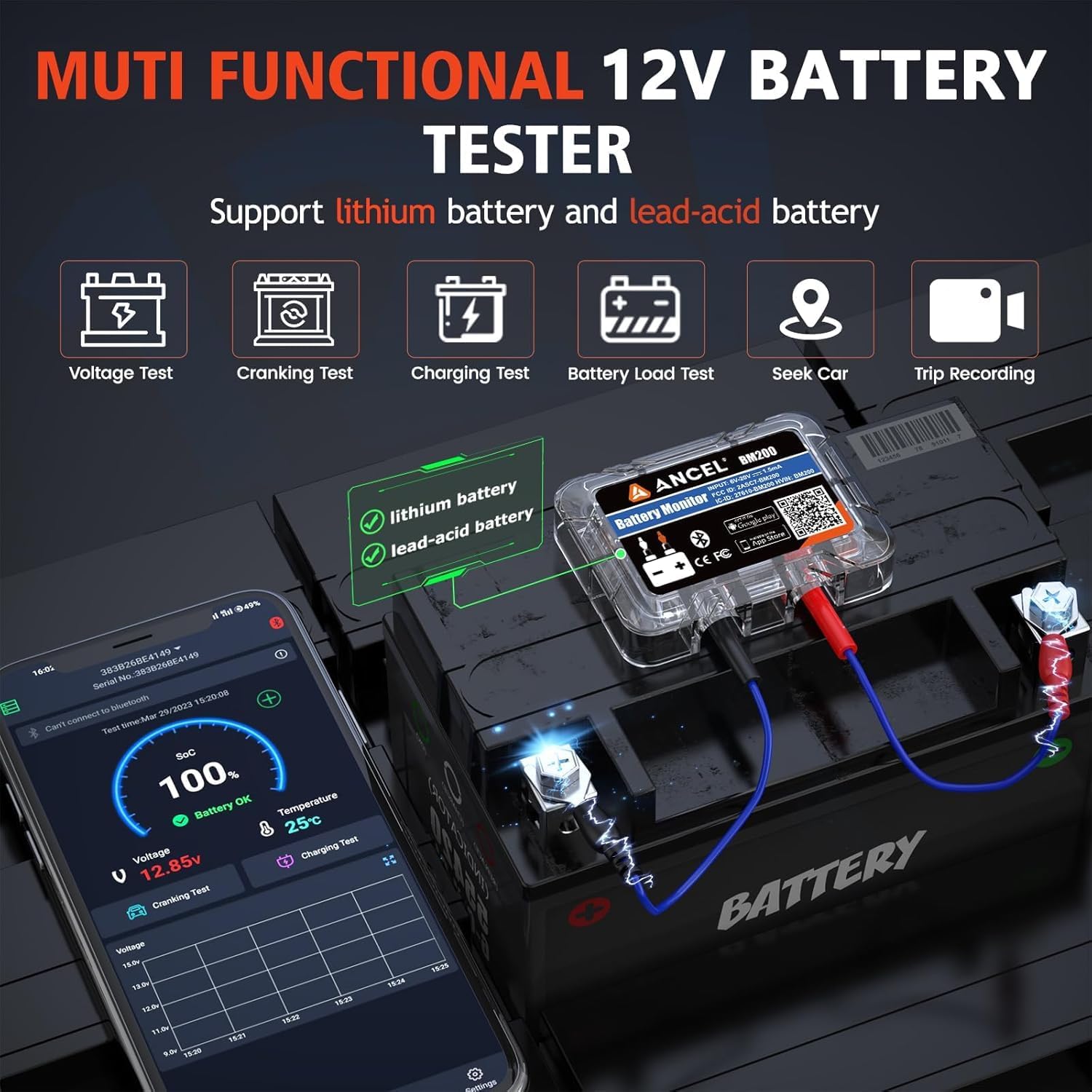 ANCEL BM200 Blue-US Battery Monitor 12V Automotive Bluetooth Auto Battery Load Tester with Cranking Charging Test Alarm Record Voltage History Voltmeter for Car (Blue Version)