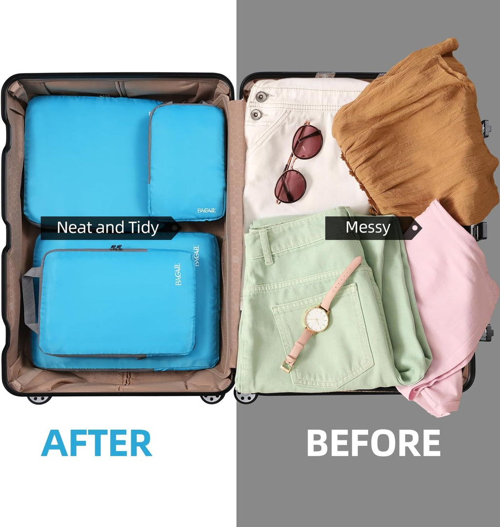 BAGAIL 4 Set/6 Set/8 Set Compression Packing Cubes Travel Accessories Expandable Packing Organizers (Cloth Pattern, 4-Blue)