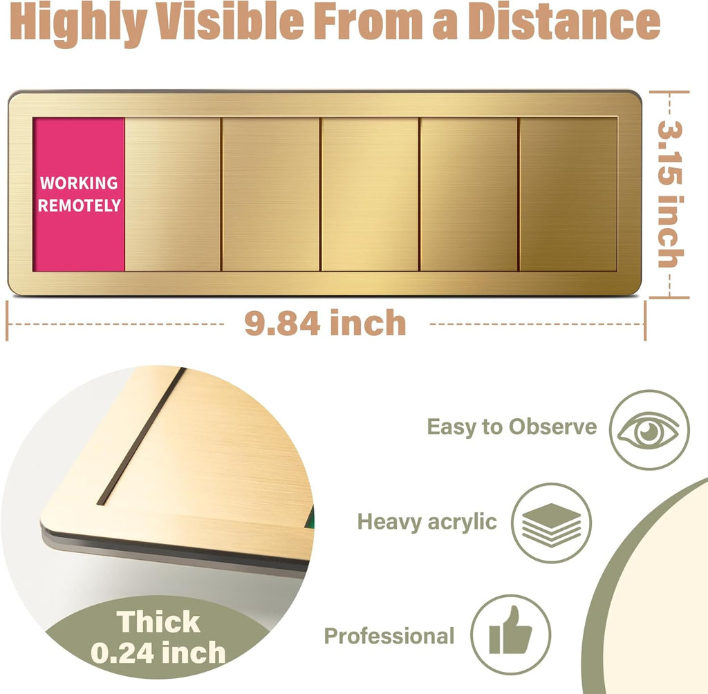 Office Door Signs -6 Options Do Not Disturb, In A Meeting, Out Of Office, Working Remotely, Back Soon Please Knock,Privacy Door Slider Sign for Meeting & Conference Room Brushed Gold