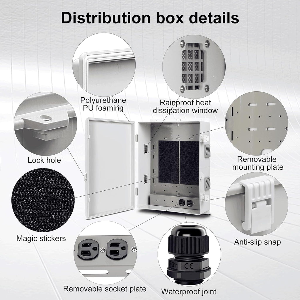 Outdoor Electrical Junction Box with High Power Outlet, ABS Water Resistant Enclosure with Internal Mounting Panel & Hinged Cover. (18.1" H* 12.6" L* 6.3" W & Outlet)