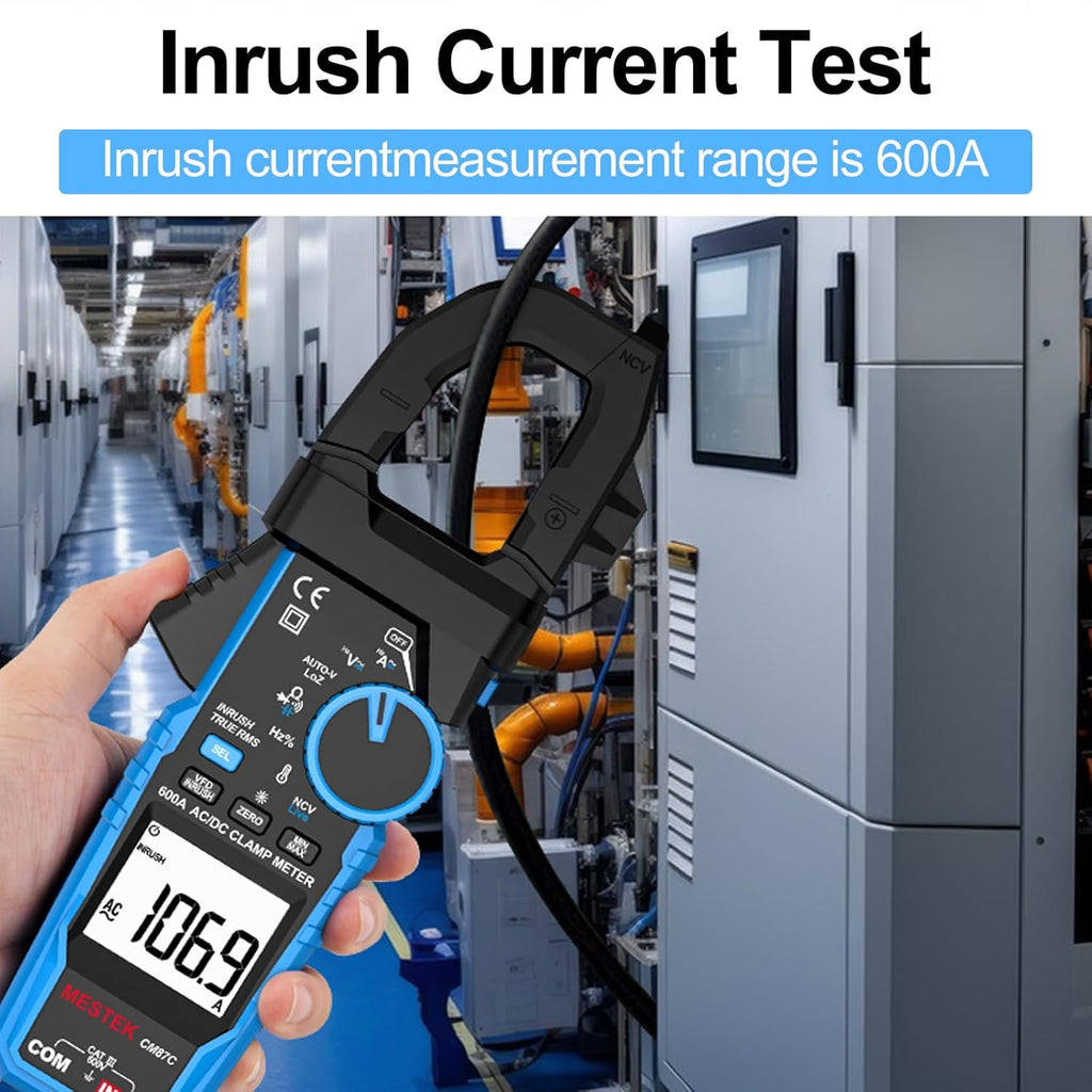 Digital Inrush Clamp Meter Multimeter, MESTEK T-RMS 6000 Counts 600A Current Amp Volt Meter with VFD,LOZ Mode; Measures NCV AC/DC Current Voltage Temperature Resistance Capacitance Continuity