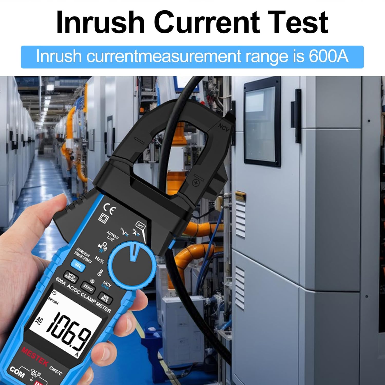 Digital Inrush Clamp Meter Multimeter, MESTEK T-RMS 6000 Counts 600A Current Amp Volt Meter with VFD,LOZ Mode; Measures NCV AC/DC Current Voltage Temperature Resistance Capacitance Continuity