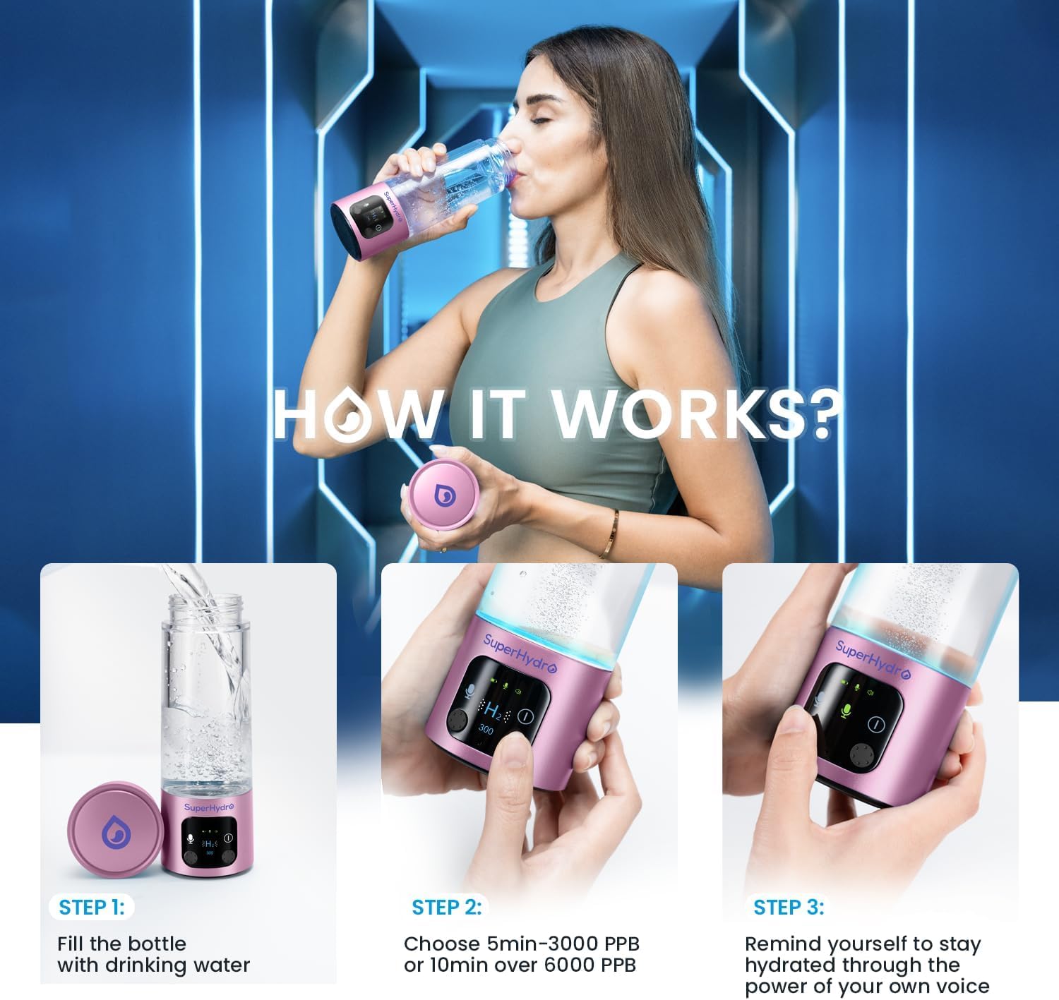 Hydrogen Water Bottle Generator - Up to 6000+ PPB Concentration - SPE/PEM Technology - Voice Reminder - Water Ionizer Machine Suitable for Travel, Daily and Office Drinking - 12oz (Pink)