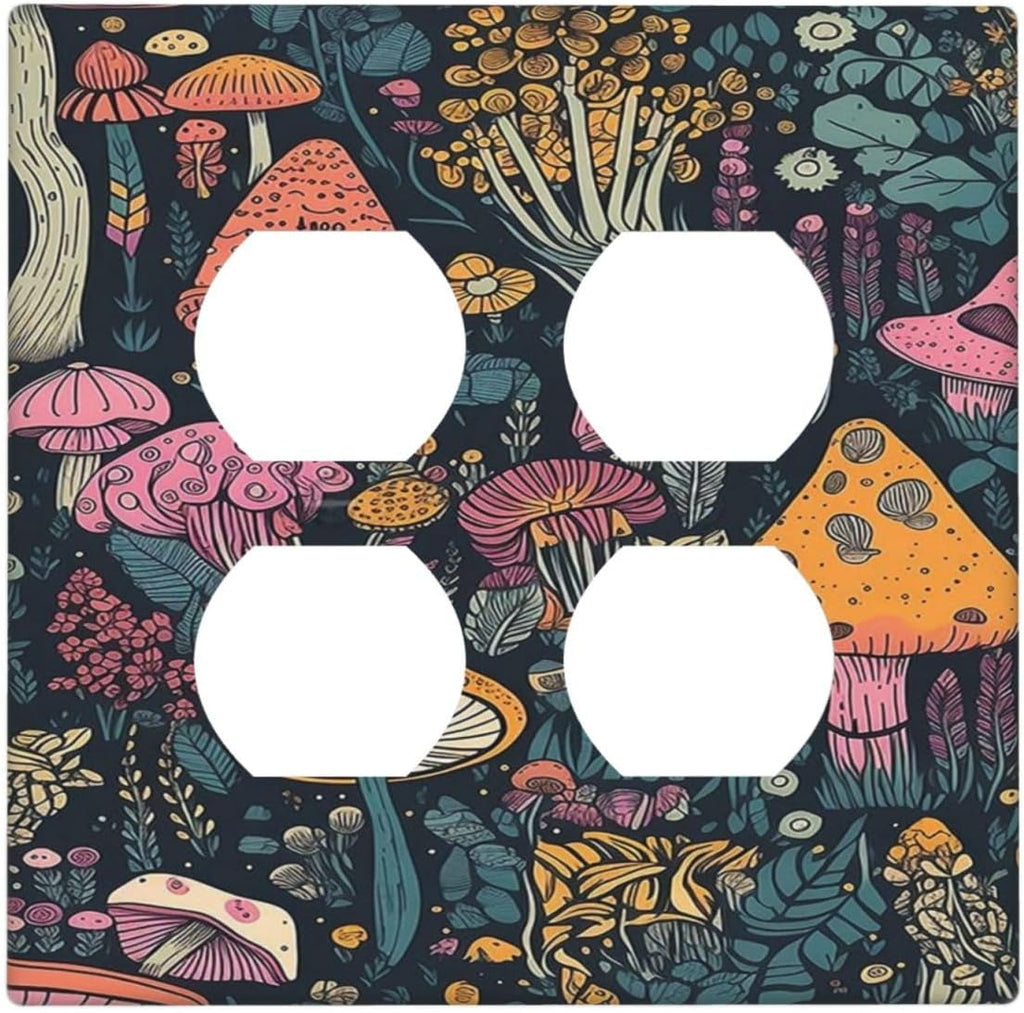 Decorative Outlet Covers Cartoon Comics Colorful Mushrooms 2 Gang Wall Plate Cover Double Duplex Receptacle Two Switch Light Switch Cover Plate Jumbo Dual Faceplate for Home Decor