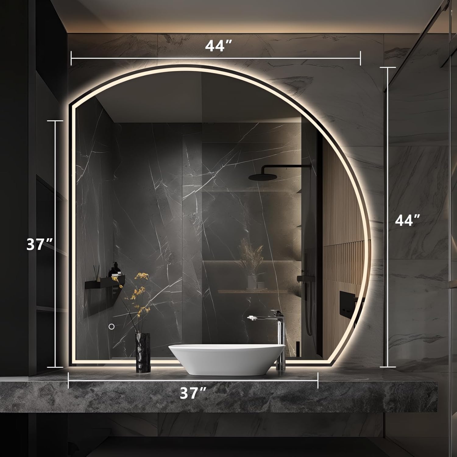 Niccy Half Moon Led Mirror for Bathroom, 44" Semi Round Backlit Mirror for Wall Lighted Mirror with Frameless 3 Color, Defogger, Explosion-Proof, HD Glass and IP65 Vanity Mirror