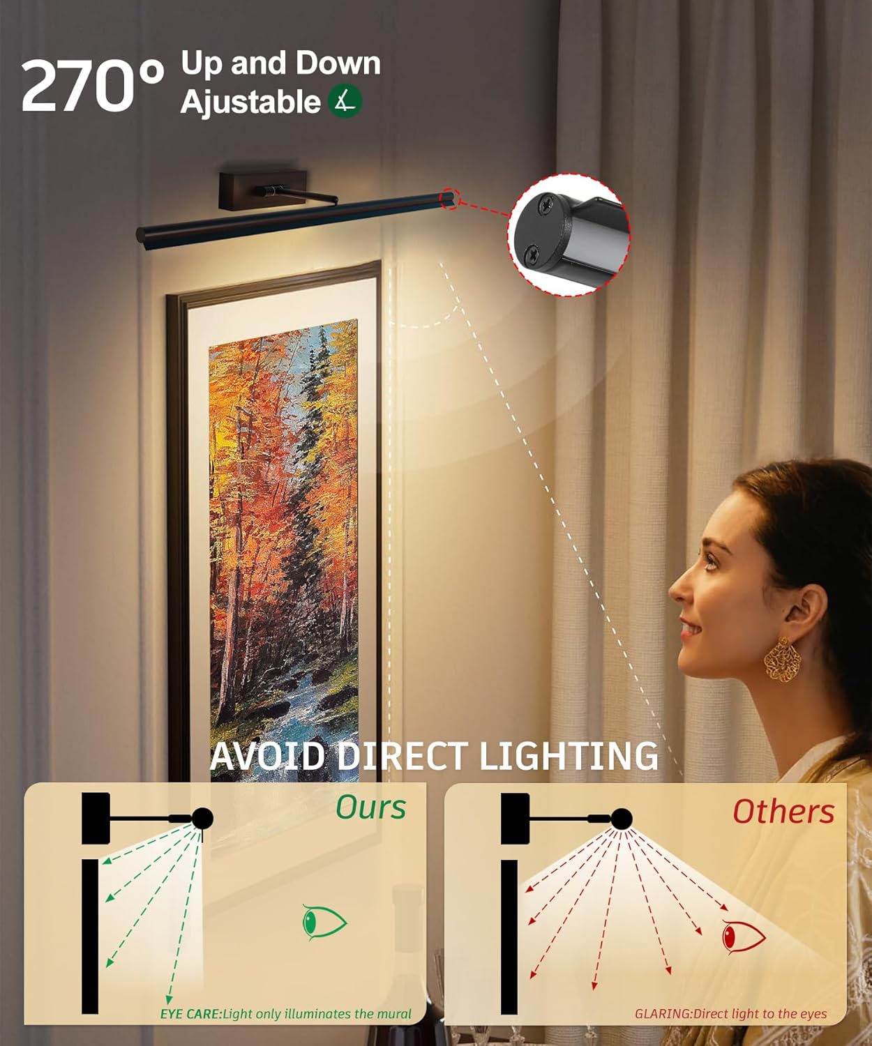 Battery Operated Picture Light with Wireless Remote 3CCT Dimmable Gold Wall Art Lights for Paintings 3 Color Rechargeable cordless decor Gallery Light 24’‘ Artwork Lighting for Canvas Timer Function