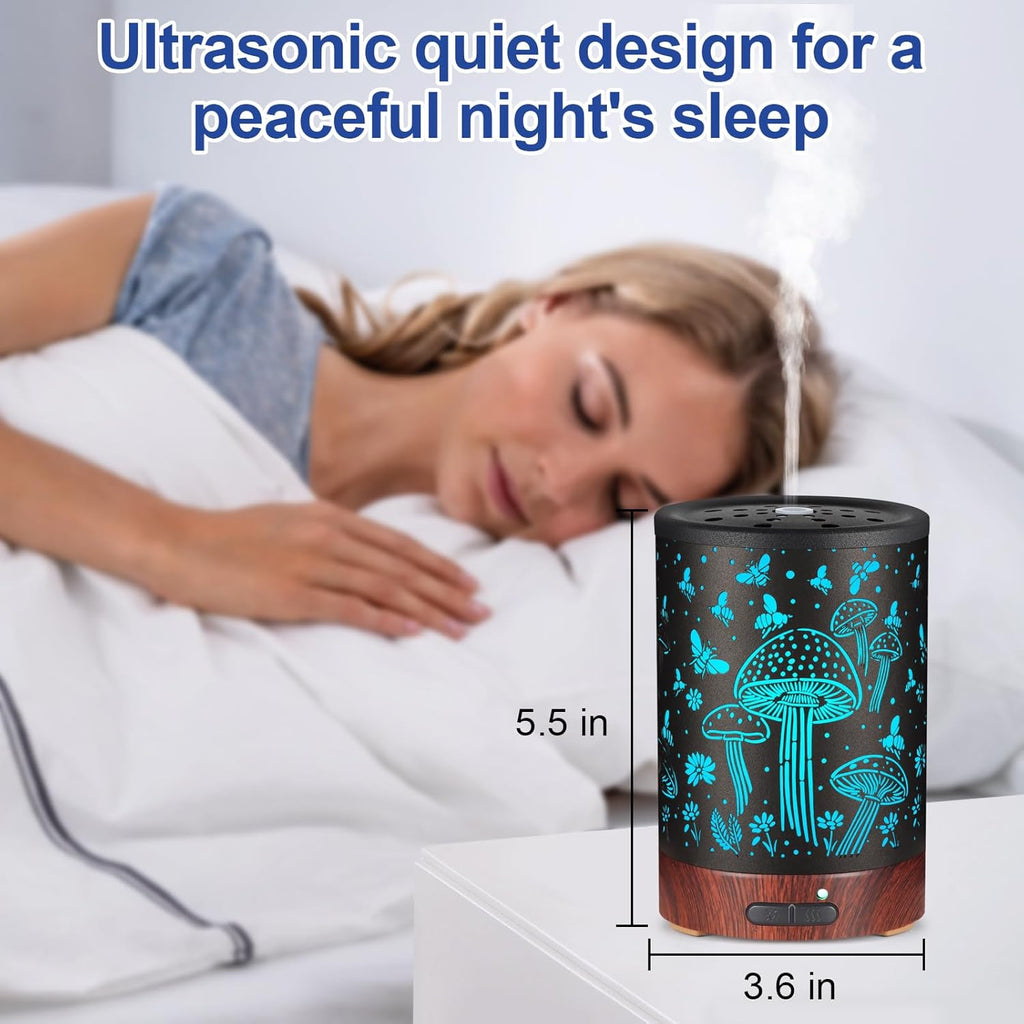 Essential Oil Diffuser- Aromatherapy Diffuser with7 Colors Light and Auto-Off for Women Metal Cool Mist Humidifier for Home and Office for Mom Women（Mushroom + Bee）