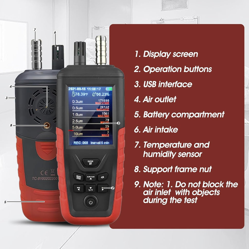 Air Quality Monitor Dust Particle Counter Indoor, Home Air Quality Sensitivity Test 6-Channel Pm0.3/0.5/1.0/2.5/5/10 Um Tester with Temperature/Humidity Monitor/USB Recharge Data Transfer/Storage