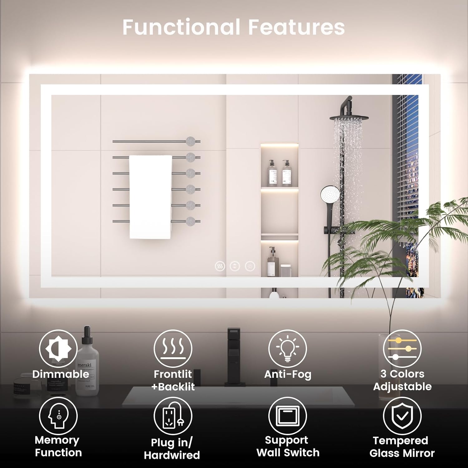 60X40 LED Bathroom Mirror with Lights, Anti-Fog, Backlit + Front Lit, Lighted Bathroom Vanity Mirror for Wall, Memory Function, Dimmable, Tempered Glass, Shatter-Proof