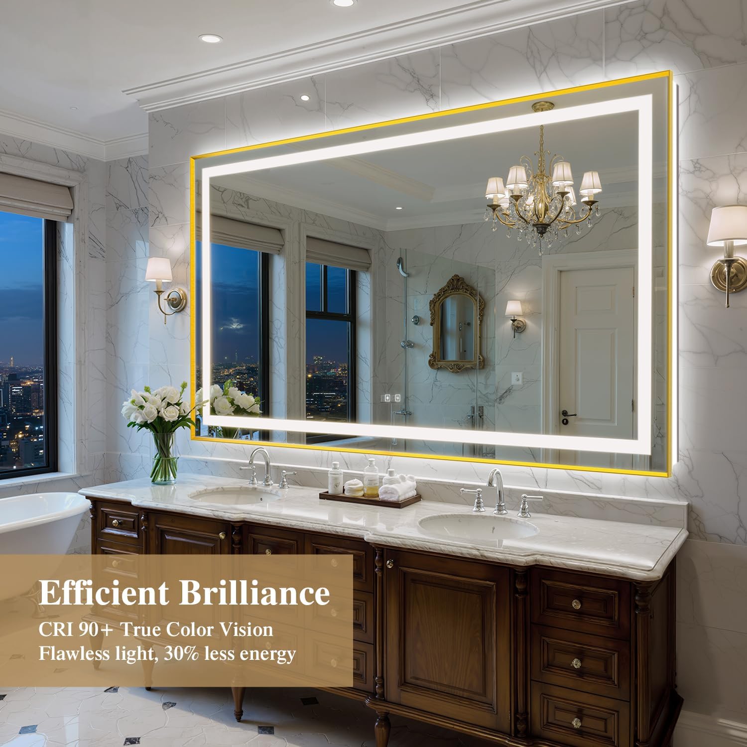 72X40 Inch LED Bathroom Mirror with Lights, Gold Frame Frontlit+ Backlit Bathroom Vanity Mirror for Wall, Ultra-Clear Tempered Glass, Shatter-Proof, Anti-Fog and Memory Function, ETL Listed