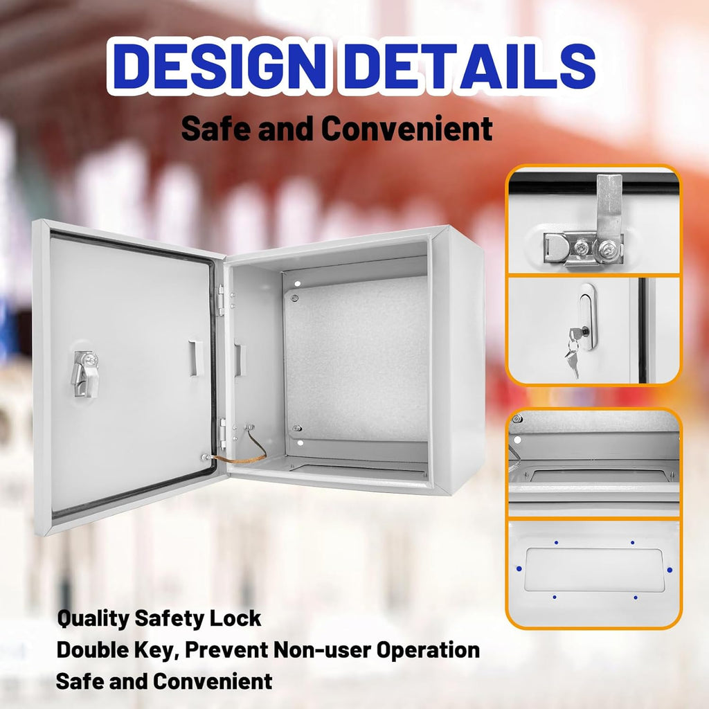 Outdoor Electrical Box 16 x 16 x 8”D NEMA 4X Enclosure Steel Box, Waterproof & Dustproof Outdoor/Indoor Lockable Electrical Junction Box, with Mounting Plate