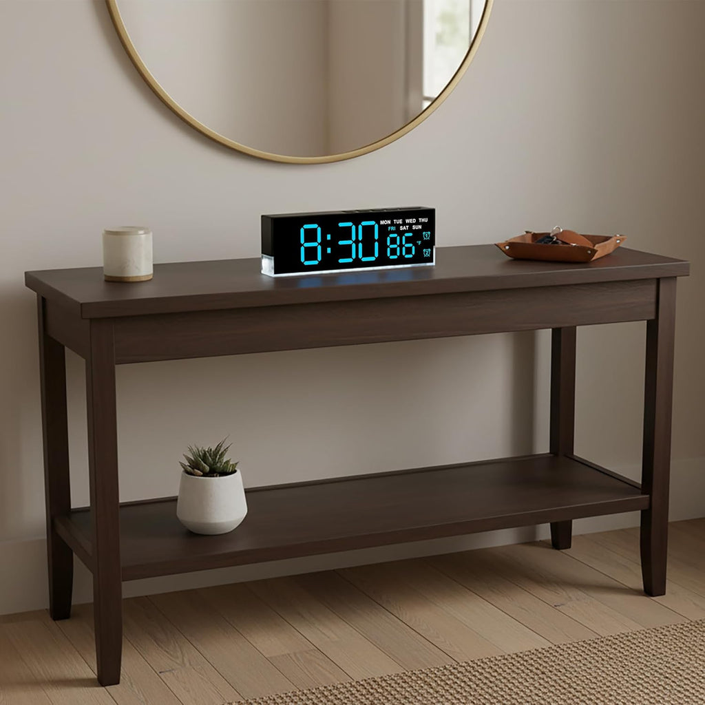 zyzamay 7 Inch Modern LED Digital Alarm Clock with Dual Alarms & Soft Bottom Light｜Displays Time, Date, Day, Temperature｜3-Level Auto/Manual Brightness, DST, USB or Battery Powered Desk Clock,Blue