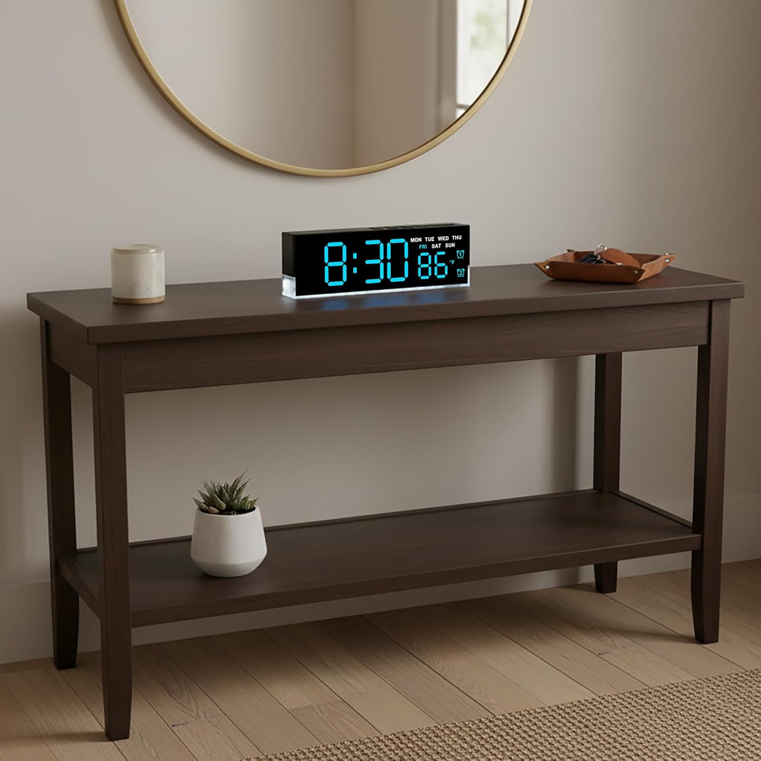 zyzamay 7 Inch Modern LED Digital Alarm Clock with Dual Alarms & Soft Bottom Light｜Displays Time, Date, Day, Temperature｜3-Level Auto/Manual Brightness, DST, USB or Battery Powered Desk Clock,Blue
