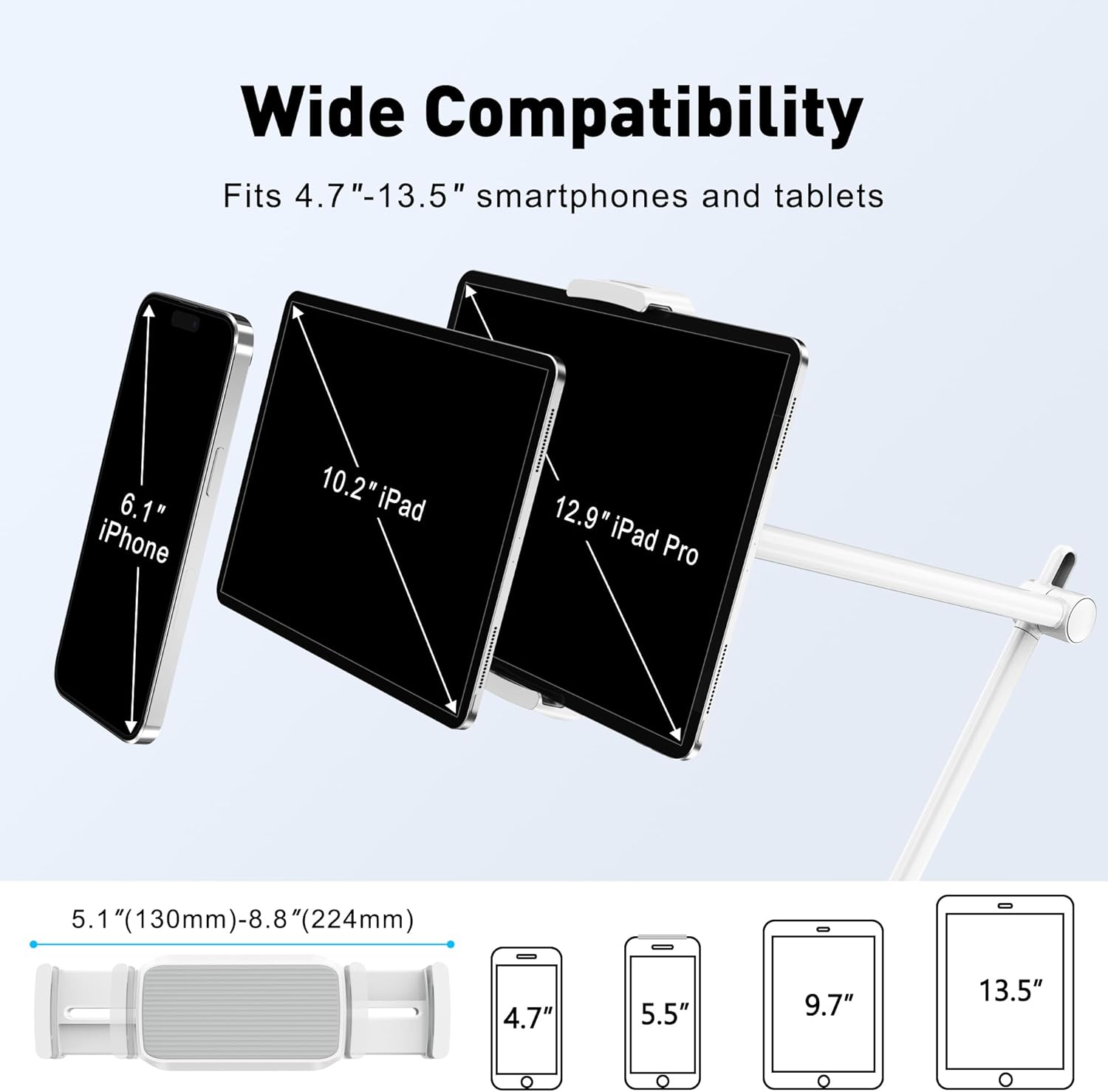 AboveTEK Tablet Stand Holder for Desk & Bed, Aluminum iPad Holder Arm with 360° Rotating Clamp, Adjustable Phone Stand Compatible with 4.7"-13.5" iPad Pro/Air/Mini, iPhone, Galaxy Tab- White