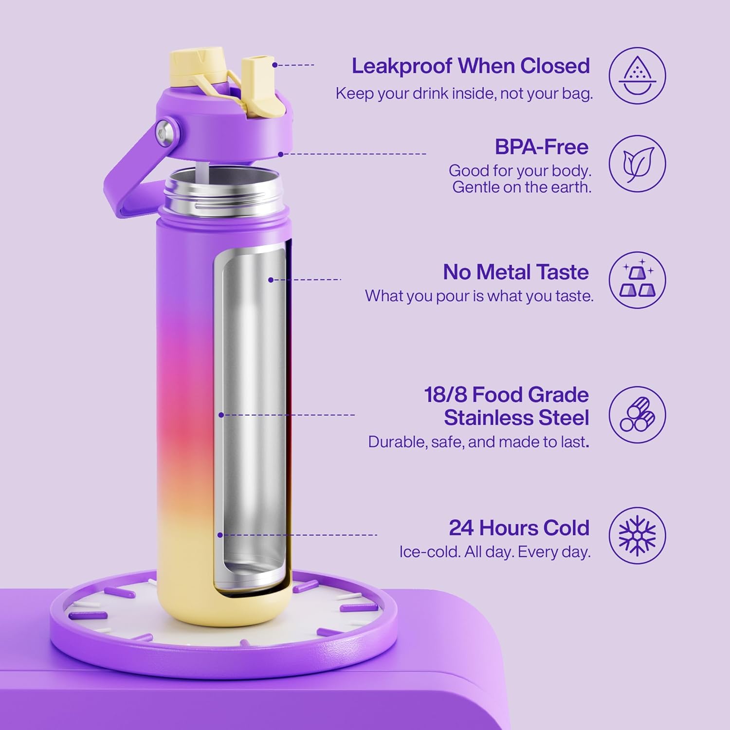 ENCOOL Insulated Water Bottle with Straw Stainless Steel Water Bottle, Leak-Proof, BPA-Free, Double Wall Vacuum Keeps Cold for 24 Hours for Sports, Travel, School (26 oz, Peach Dream)