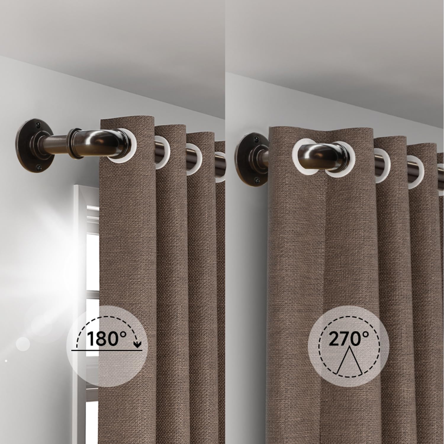 Brown Curtain Rods 18 to 88 Inch, Industrial Curtain Rods,Adjustable Length,1 in Diameter Pipe,Wall or Ceiling Mounted,for Bedroom and Living Room(Antique Bronze 18” to 88”)