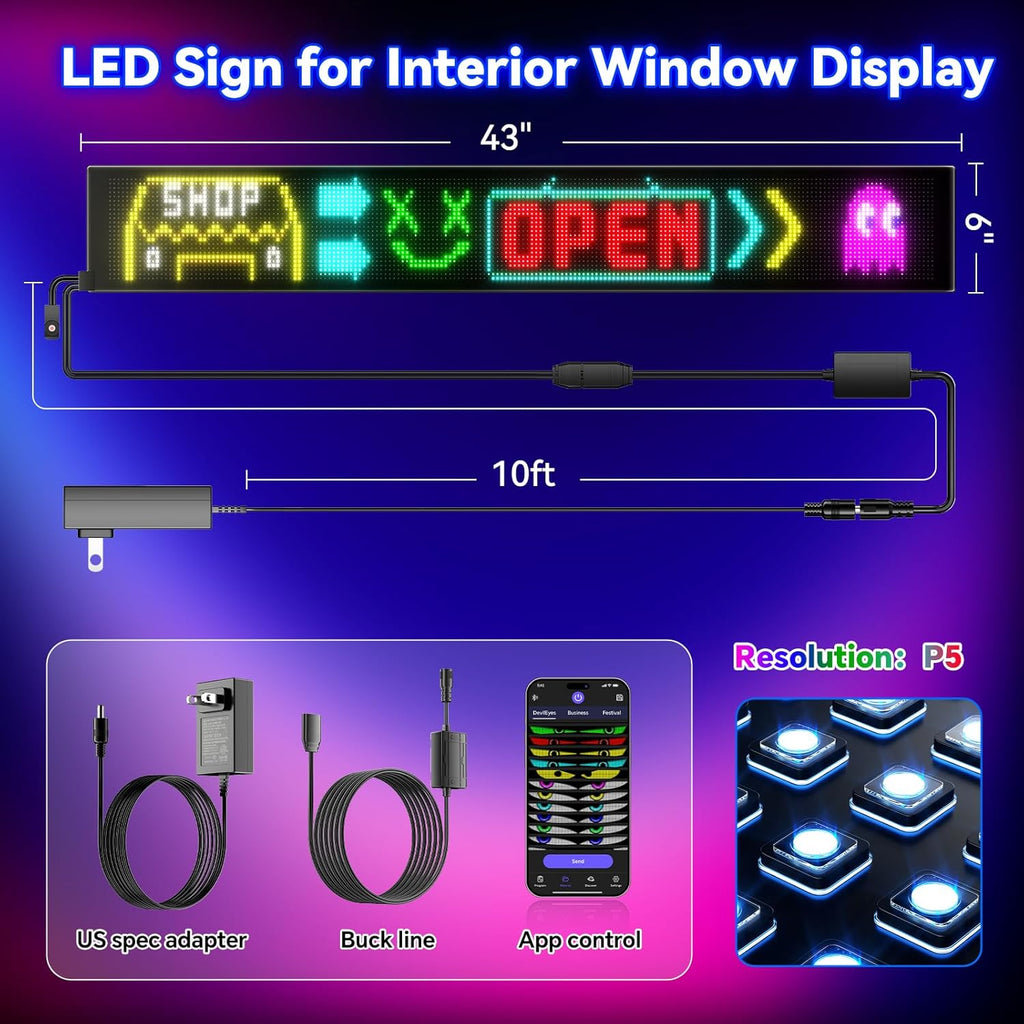 Large Programmable LED Sign, P5 Resolution Indoor Store LED Sign, Bluetooth APP, for Business Retail Shop Window Display (43"x 6")