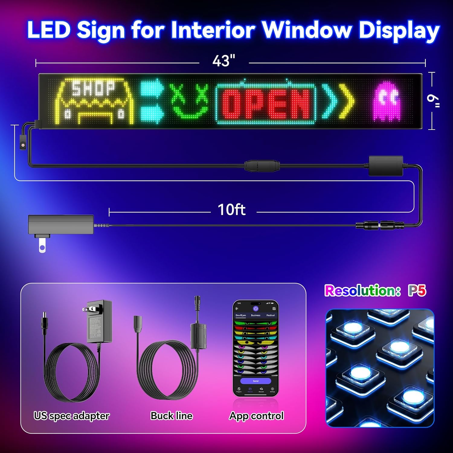 Large Programmable LED Sign, P5 Resolution Indoor Store LED Sign, Bluetooth APP, for Business Retail Shop Window Display (43"x 6")