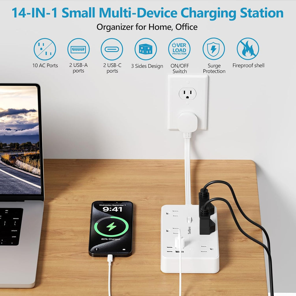 Surge Protector Power Strip 1 FT Flat Extension Cord ，10 AC Outlets & 4 USB Ports(5V/3.4A 17W), 1080J ，Wall Mountable Desktop Charging Station with Flat Plug for Office Supplies and Home, White