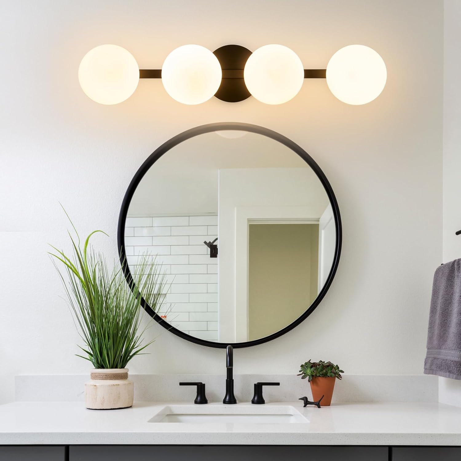 Bathroom Vanity Mirror Light Fixtures: 4 Lights Bath Wall Sconce Lighting - Black Vanity Lights with Milk Glass Shade - Modern Minimalist Makeup Light Fixture above Mirror for Hallway Bedroom E26 Base
