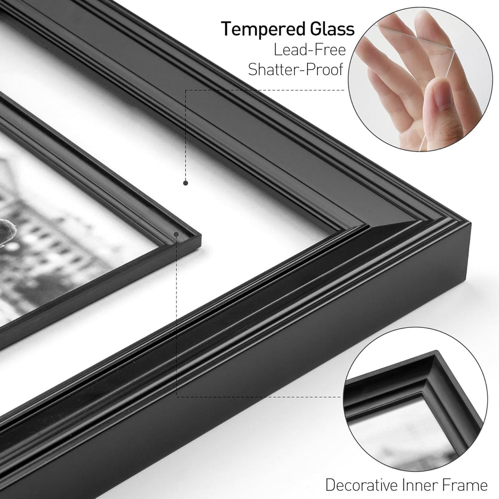 Yaetm 11x14 Black Picture Frame with Decorative Inner Frame & Tempered Glass, Display 8x10 Photos with Mat on Wall - Portrait or Landscape - Ideal for Office & Home Décor (Black, 2 Pack)