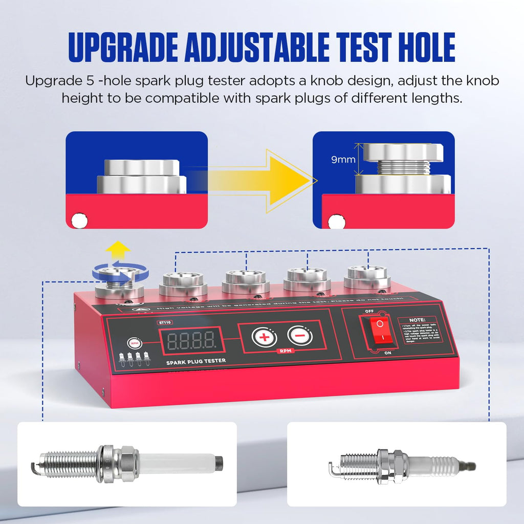 Spark Plug Tester Upgraded 5-Hole Spark Plug Tester Tool with Adjustable Frequency & Hole Height 200-9000rpm Car Engine Ignition Coil Tester Diagnostic Tool for 12V Gasoline Vehicles