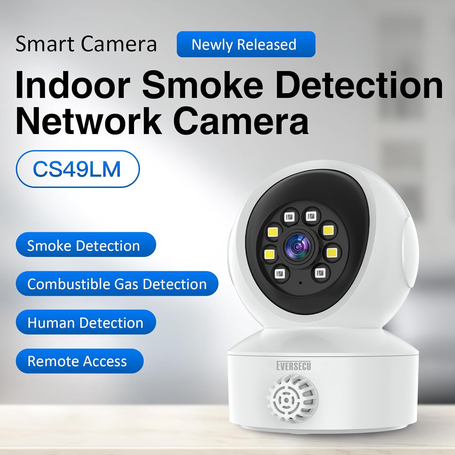 EVERSECU Smoke & Gas Detection Home Security Camera with Sound Alarm & Real Time Alert, Humanoid Auto Tracking, 2 Way Audio, Night Vision, Compatible with Alexa, Baby Monitor/Elder/Pet Camera