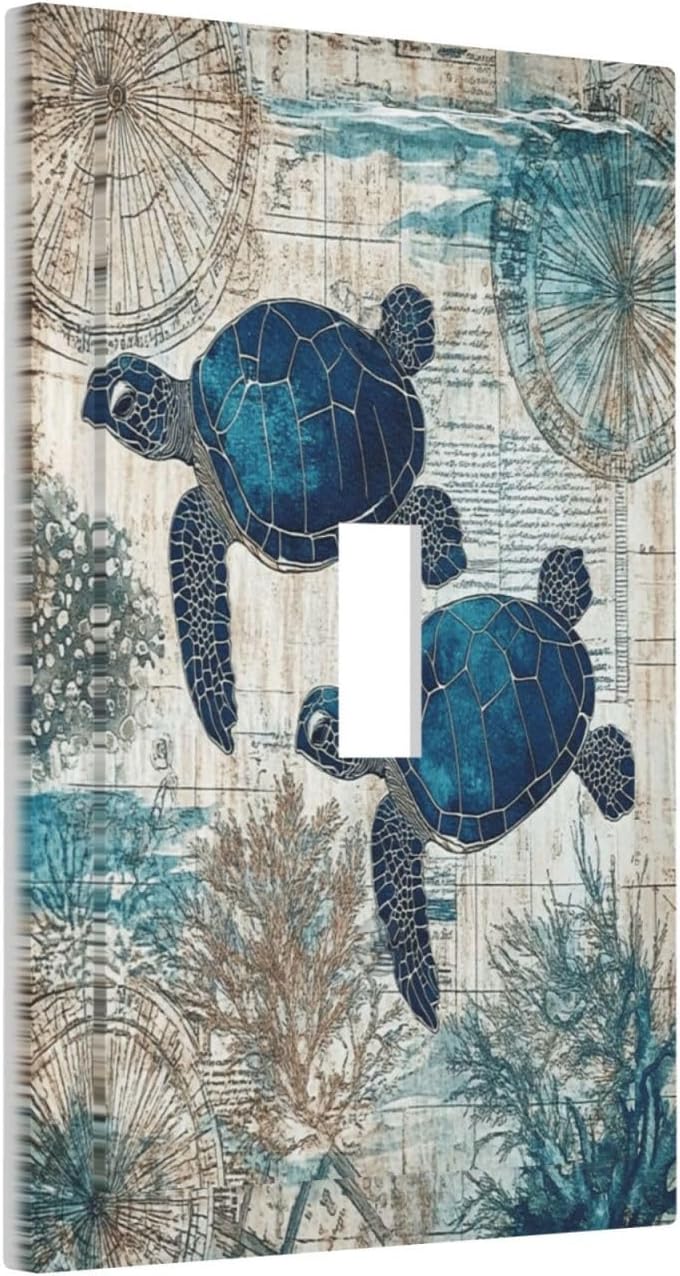 Blue Green Sea Turtle Tropical Ocean Coral Nautical Map Decorative Light Switch Cover 1 Gang Single Toggle Device Electrical Faceplate Switchplates Decorator Outlet Wall Plate For Bed Room Bathroom