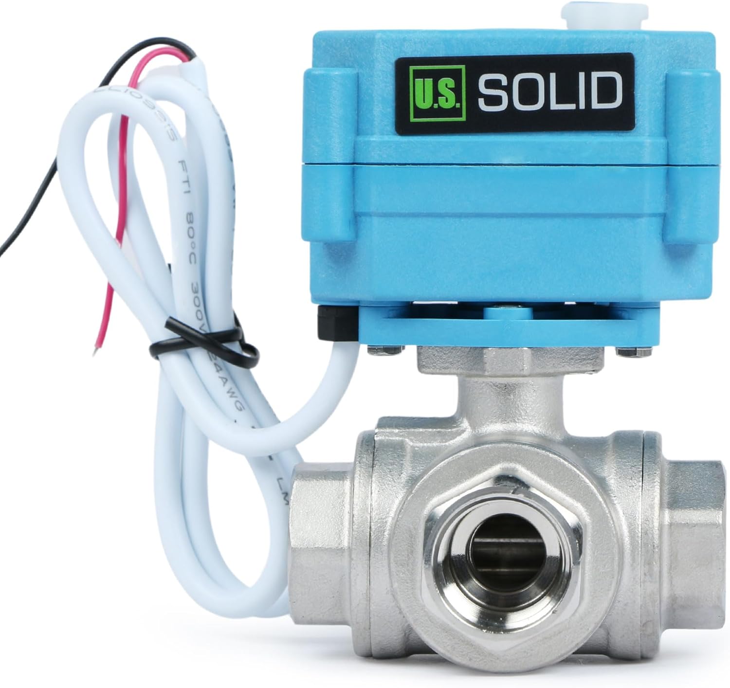 U.S. Solid 1/2" 3 Way Stainless Steel Motorized Ball Valve AC110-230V, L Type Water Shutoff Valve with Manual Function, Standard Port