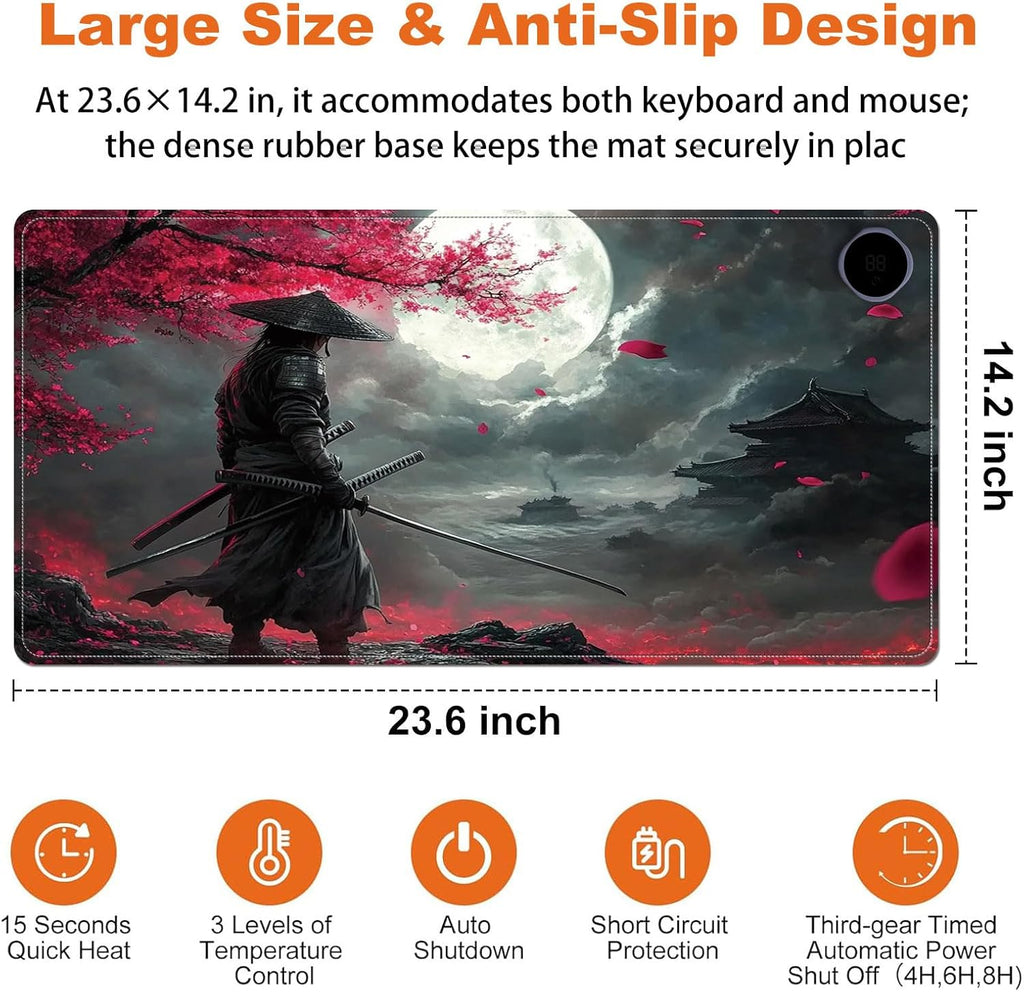 Small Heated Desk Pad 23.6" x 14.2" – Compact Electric Mouse Pad with 3 Heating Levels, Auto Shut-Off, Waterproof PU Surface, Plug-in Warmer for Office or Home Use, Samurai
