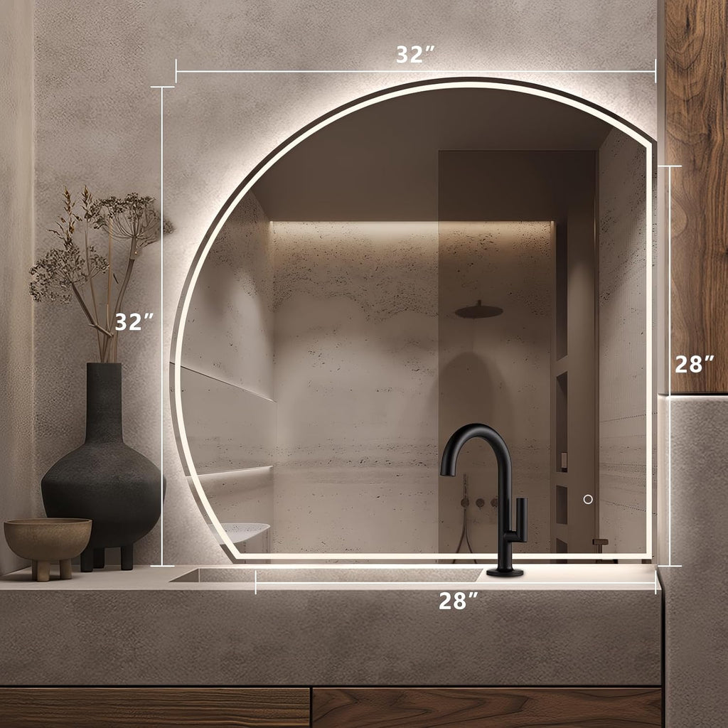 Niccy Half Moon Led Mirror for Bathroom, 32" Semi Round Backlit Mirror for Wall Lighted Mirror with Frameless 3 Color, Defogger, Explosion-Proof, HD Glass and IP65 Vanity Mirror