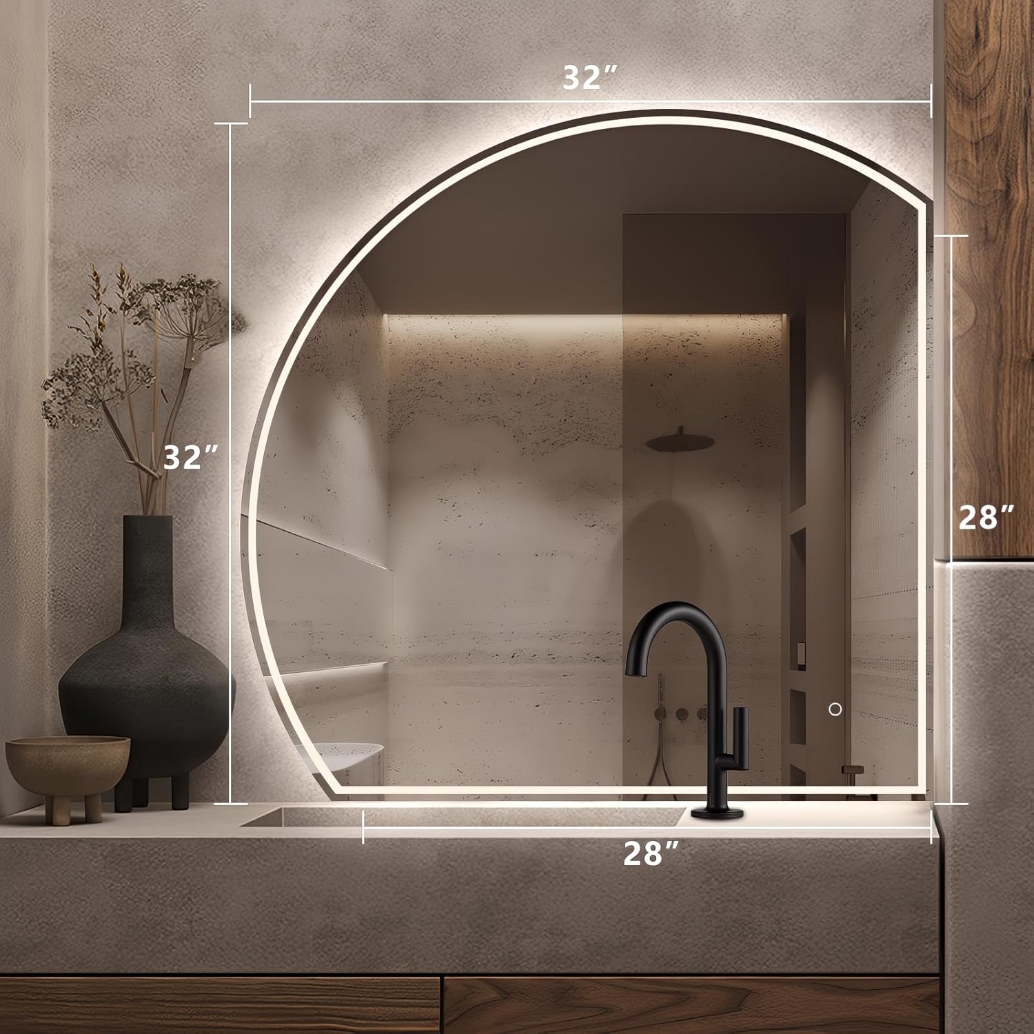 Niccy Half Moon Led Mirror for Bathroom, 32" Semi Round Backlit Mirror for Wall Lighted Mirror with Frameless 3 Color, Defogger, Explosion-Proof, HD Glass and IP65 Vanity Mirror