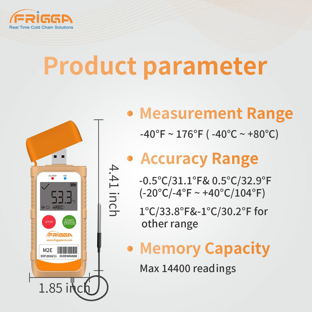 Frigga M2E Reusable Temperature Data Logger with External Probe Multi-Use Digital Refrigerator Thermometer USB 14400 Points High Accuracy Temperature Recorder PDF CSV Report