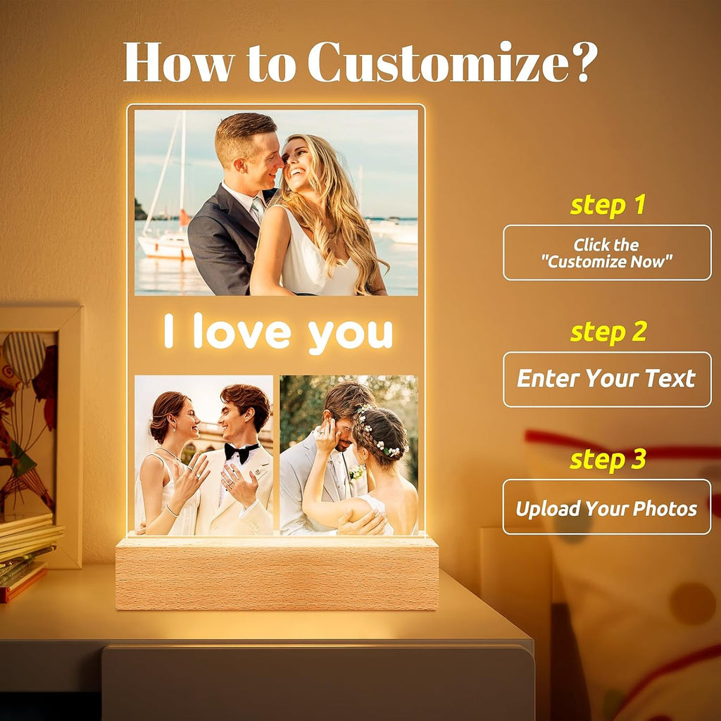 Custom Picture Frames with Photo, Personalized Photo Frame with Night Light, Customized Gifts for Girlfriend Boyfriend, Personalized Anniversary Valentines Day Gifts for Women Men Her Him Couple