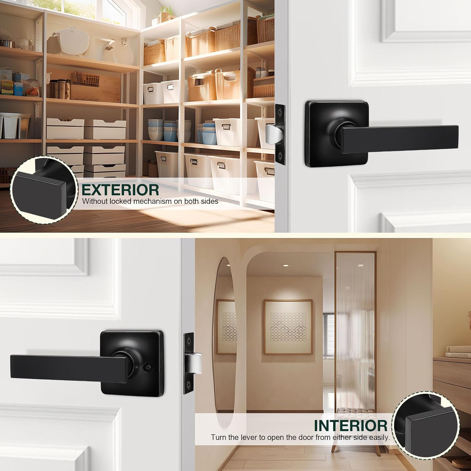 GOBEKOR 3 Pack Passage Door Levers with Lock - Square Black Door Handles for Hall Closet