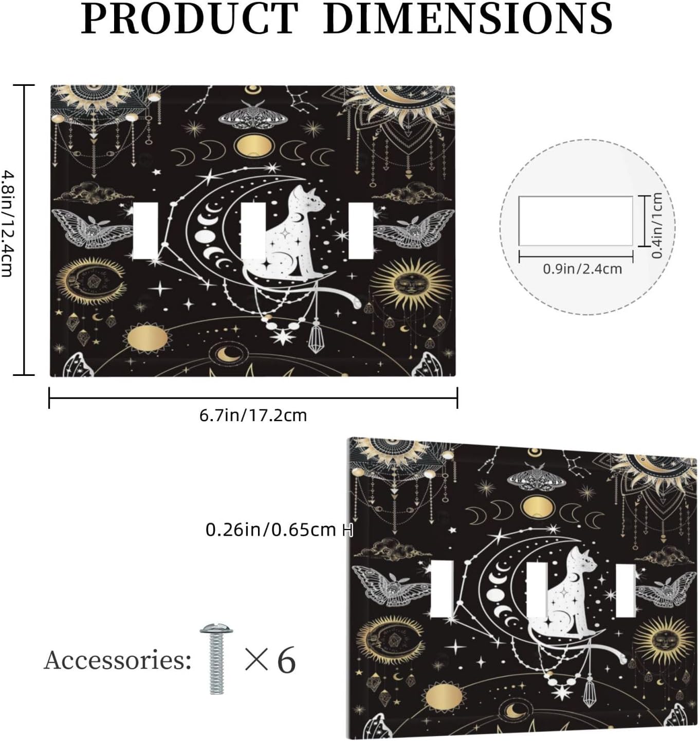 White Cat Tarot Moon Phases Moth Celestial Gothic Decorative Switch Plates 3 Gang Wall Plate Triple Toggle Light Switch Cover Faceplate Electrical Wall Panels for Kids Room Bedroom Decor