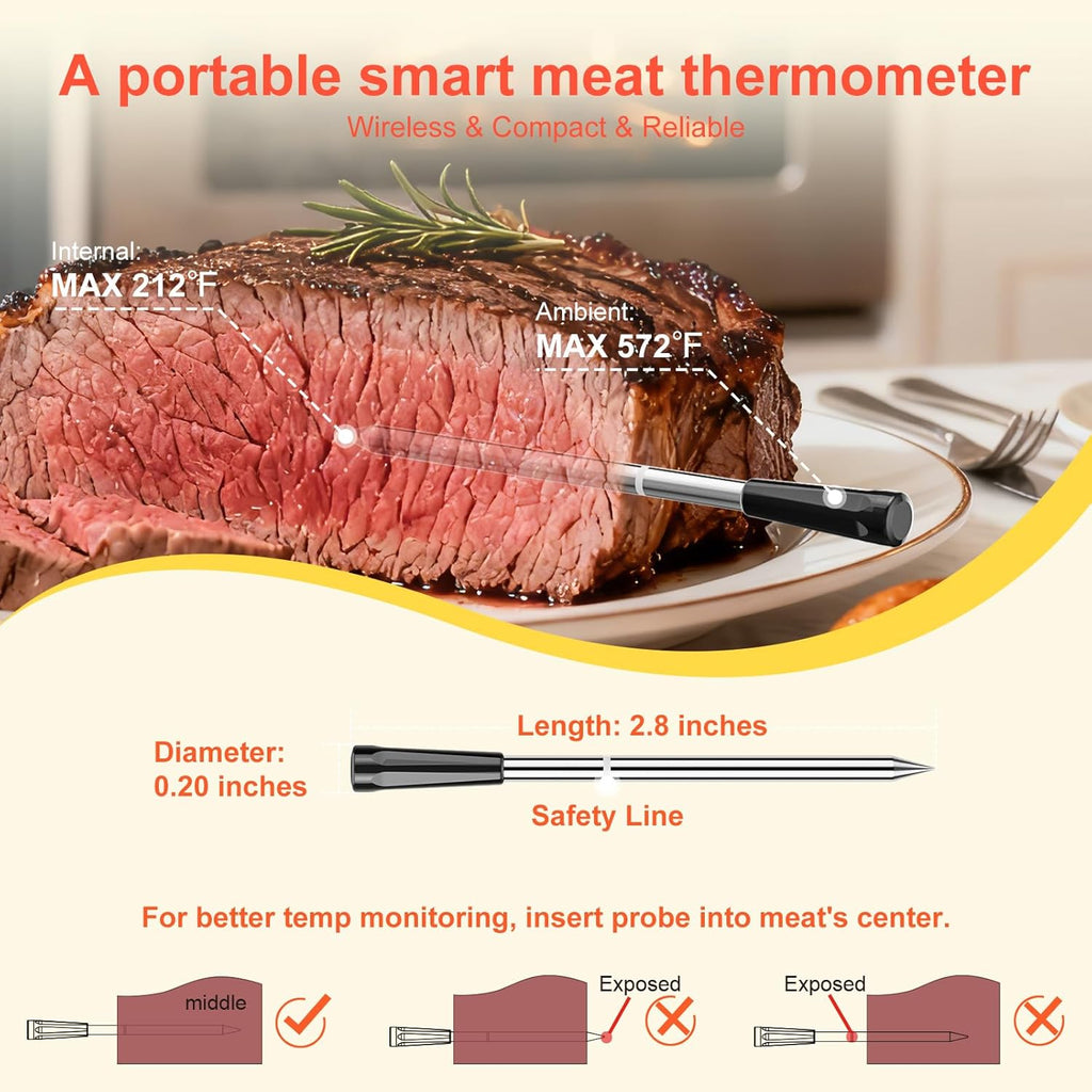 Smart Bluetooth Wireless Meat Thermometer with Ceramic Probe,±1°F Accuracy,IPX8,Real-Time Readings from App or Standalone Display Base for BBQ,Grill,Smoker,Steak,Turkey,Chicken,Pork,Lamb