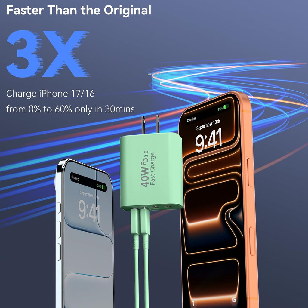 USB C Wall Fast Charger Block, 40W 4-Port Type C Chargers Fast Charging Blocks PD Power Charger Adapter+QC 3.0 USB Multiport Charger Brick for Phone 17/16/15/14/13/12 Pro Max, i-Pad, Galaxy S25-2Pack