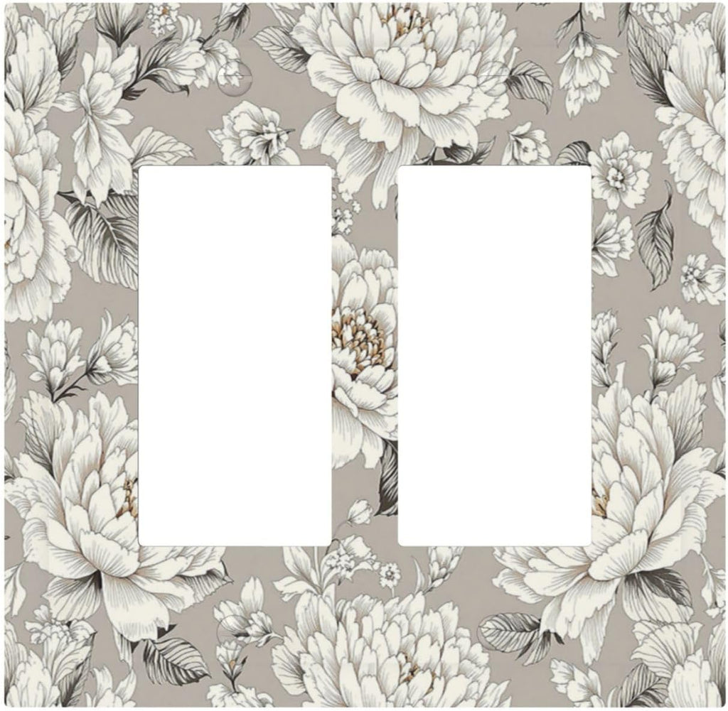 White Poppies Floral Modern Grey Peonies Flowers Decorative Outlet Covers 2 Gang Double GFCI Rocker Light Switch Cover Plate Electrical Wall Panels for Bedroom Bathroom Decor