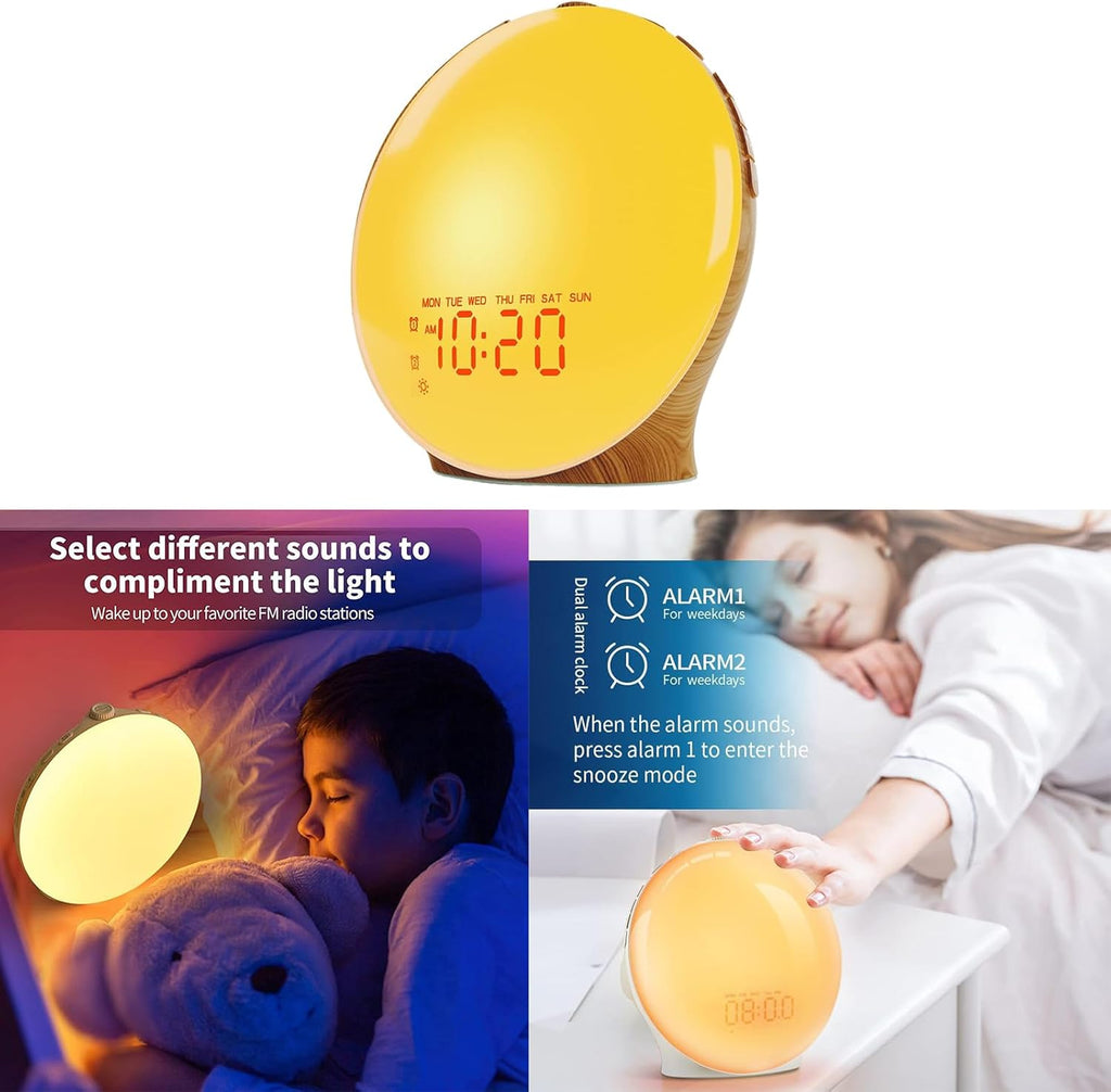 Full Screen Wood Grains Wake Up Lamp with Soft LED Lighting and Color Sunrises Simulation Digital Alarm Clock
