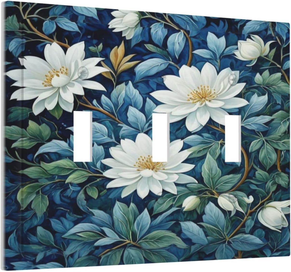 White Flowers Green Leaves Light Switch Covers 3 Gang Triple Toggle Wall Plate Decorative Switchplate Electrical Faceplate for Farmhouse Living Decor