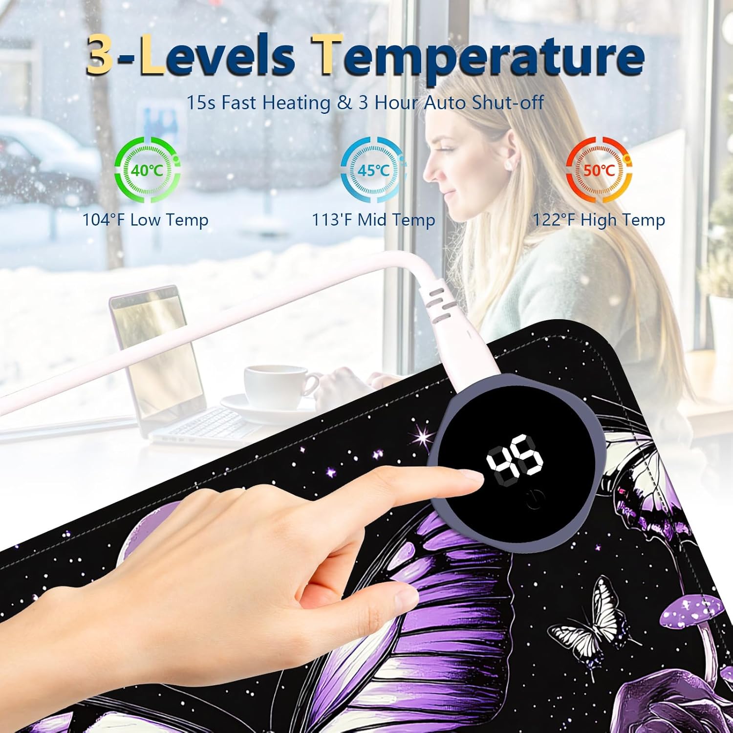 Heated Mouse Pad with 3 Temperature Settings(104°F–122°F),Large 31.5x13 Inch PU Leather Heated Desk Mat,Waterproof Warming Pad for Office,Gaming & Cold Hands Relief,Purple Butterfly Flower