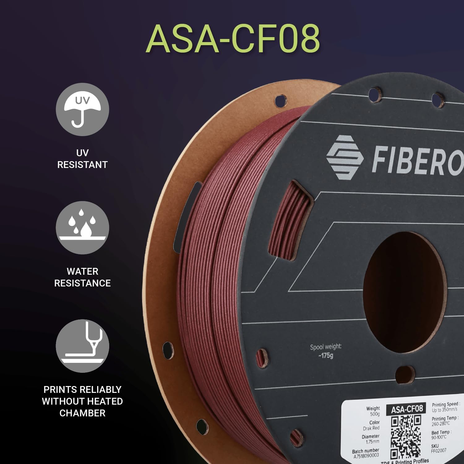 Polymaker Fiberon ASA-CF08 Dark Red Carbon Fiber 3D Printing Filament 1.75mm 0.5KG, UV & Weather Resistant, High Rigidity, Heat Resistant, Easy to Print, Functional Parts & Prototypes