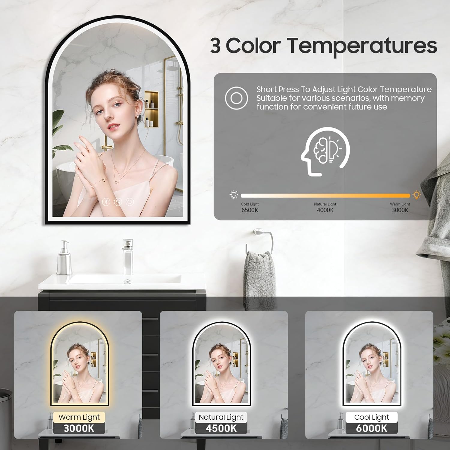 20x30 Inch Arch LED Bathroom Mirror with Bluetooth, Black Lighted Bathroom Mirrors Wall Mounted, Vanity Mirror with Anti-Fog, Memory Function, 3 Color Temperature, Dimmable Led Mirror for Bathroom