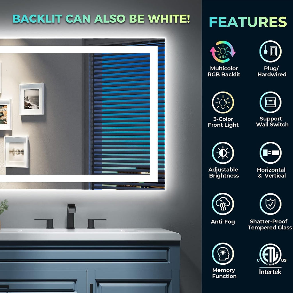 60x40 Inch RGB LED Bathroom Mirror Front Light and RGB Backlit Lighted Vanity Mirror for Bathroom Wall Mounted Dimmable Anti Fog Memory Shatter-Proof IP54 Waterproof Horizontal/Vertical