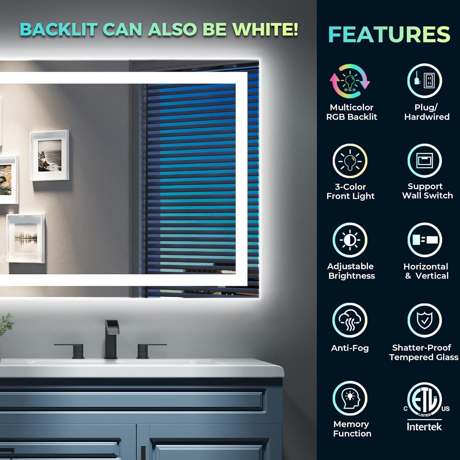 55x36 Inch RGB LED Bathroom Mirror Front Light and RGB Backlit Lighted Vanity Mirror for Bathroom Wall Mounted Dimmable Anti Fog Memory Shatter-Proof IP54 Waterproof Horizontal/Vertical