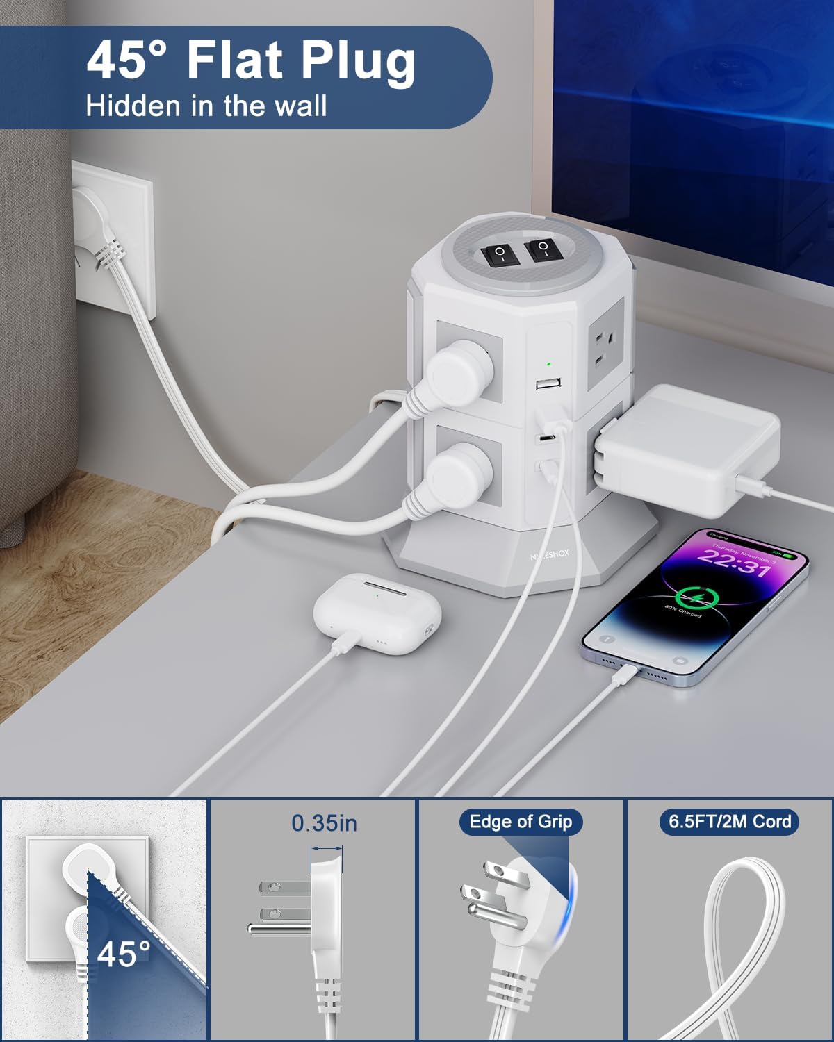 Tower Surge Protector Power Strip Flat Plugs with 8 Outlets 4 USB Ports (2 Type C), 6.5 FT Flat Extension Cord with Multiple Outlets, Charging Station with Surge Protection for Home Office Dorm