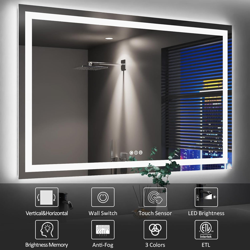 Amorho 50"X32" LED Bathroom Mirror, Front and Backlight Stepless Dimmable, Wall Mirrors with Defogger, Shatter-Proof, Memory, 3 Colors Lighting, Double LED Vanity Mirror, ETL Listed.