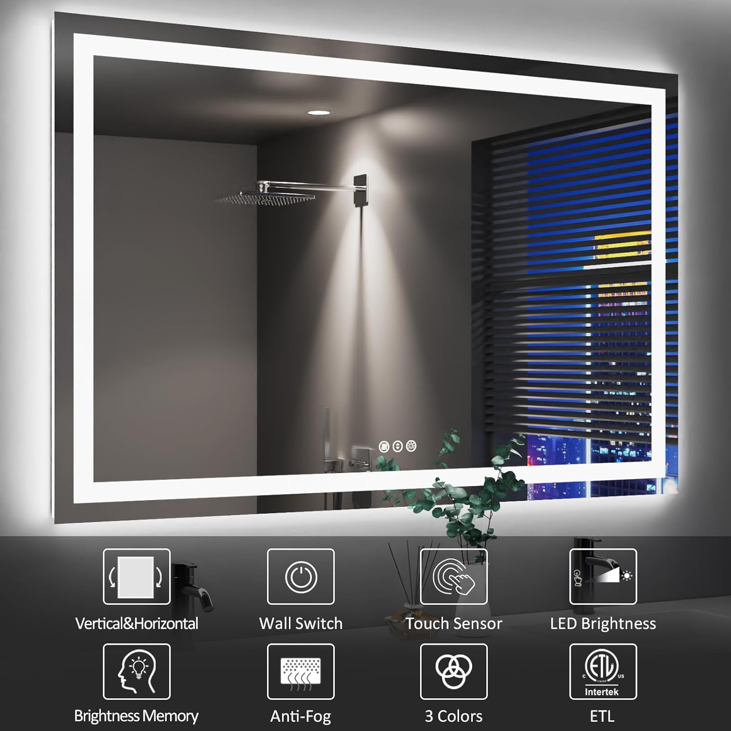 Amorho 50"X32" LED Bathroom Mirror, Front and Backlight Stepless Dimmable, Wall Mirrors with Defogger, Shatter-Proof, Memory, 3 Colors Lighting, Double LED Vanity Mirror, ETL Listed.