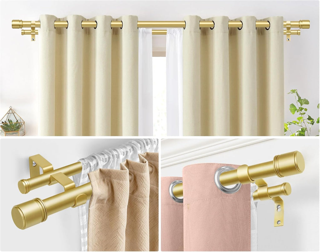 Double Curtain Rod 32 to 86 Inch, HOTOZON 1 Inch Heavy Duty Double Curtain Rods for Windows 20 to 82 Inches(1.7-6.8 ft), Telescoping Drapery Rod with Simple End Finials, Gold